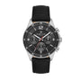 Daniel Klein Exclusive 43mm quartz chronograph watch with black multi-function dial, stainless steel case, rotating bezel, and black leather strap
