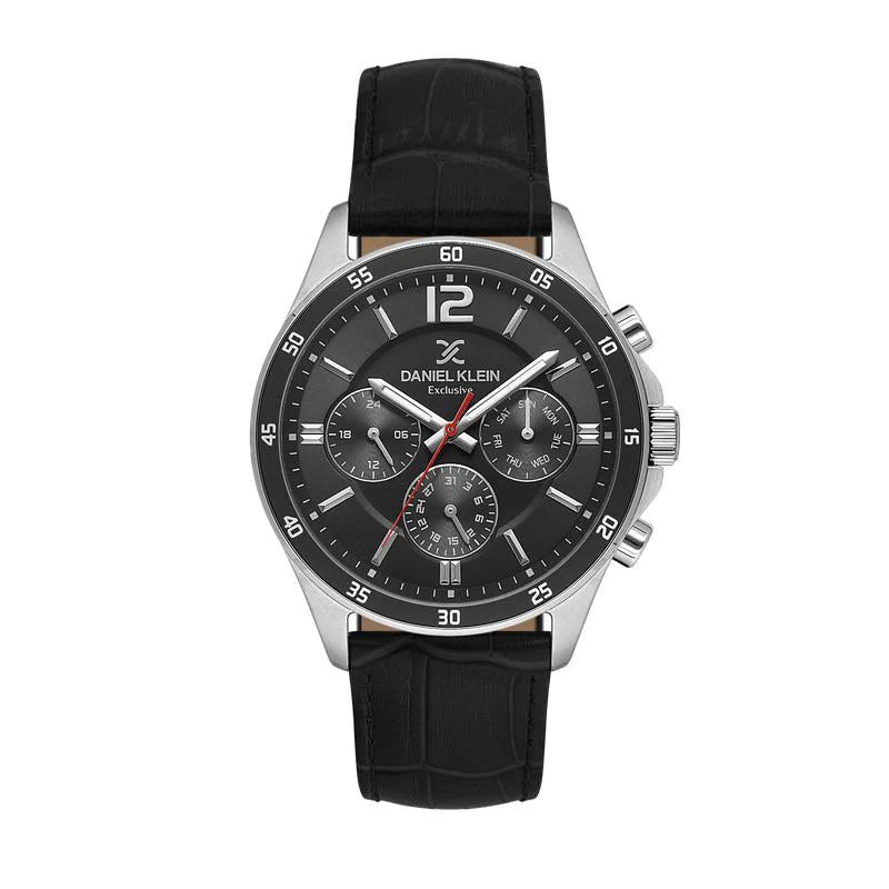 Daniel Klein Exclusive DK113902-5 multifunction chronograph watch with black dial, stainless steel case, tachymeter bezel, and black embossed leather strap