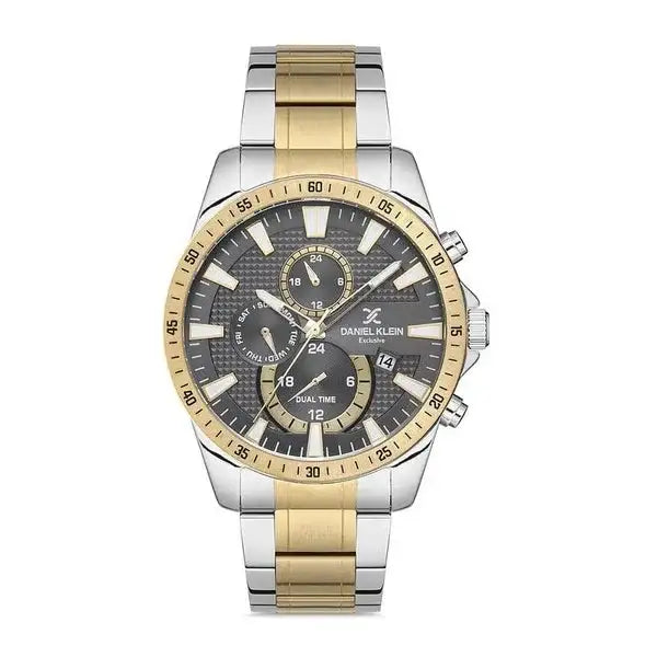 Daniel Klein Exclusive DK112995-4 chronograph watch with grey textured dial and two-tone stainless steel and IP gold bracelet