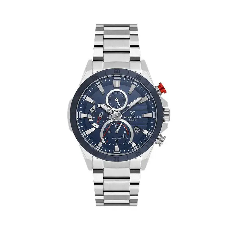 Daniel Klein Exclusive quartz chronograph watch with blue sunray dial, stainless steel case and bracelet, 43mm multifunction timepiece