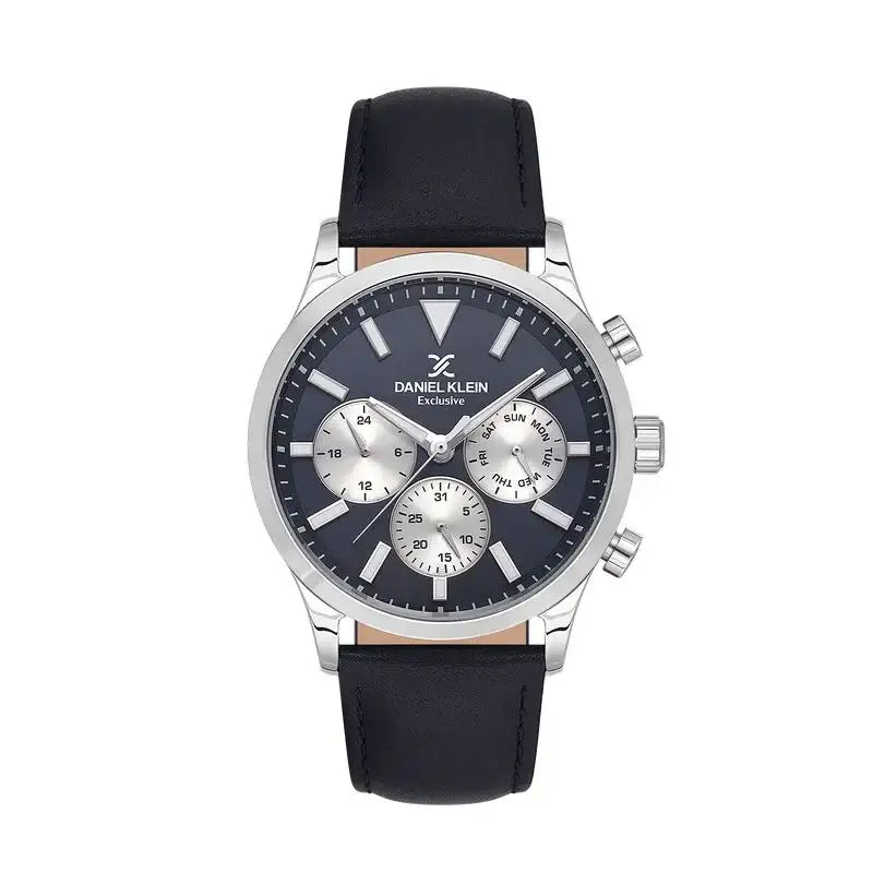 Daniel Klein Exclusive DK113745-2 multifunction chronograph watch with blue sunray dial, three subdials, stainless steel case, and blue genuine leather strap