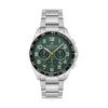 Daniel Klein DK113842-2 multifunction chronograph watch with green sunburst dial, tachymeter bezel, and polished stainless steel bracelet on white background