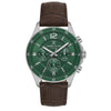 Daniel Klein Exclusive DK113973-3 quartz chronograph watch with green sunburst dial, three sub-dials, stainless steel case, and brown embossed leather strap