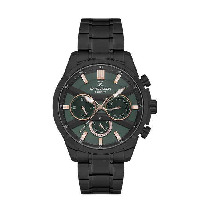 Daniel Klein Exclusive DK548 green sunray dial chronograph watch with black ion-plated stainless steel case and integrated bracelet featuring rose gold-tone accents