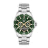Daniel Klein DK.1.13754-4 automatic skeleton watch with green dial, rose gold subdials, and stainless steel bracelet on white background