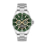 Daniel Klein DK.1.13754-4 automatic skeleton watch with green dial, rose gold subdials, and stainless steel bracelet on white background