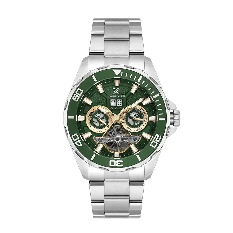Daniel Klein DK.1.13754-4 automatic skeleton watch with green dial, rose gold subdials, and stainless steel bracelet on white background