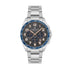 Daniel Klein Exclusive DK113842-3 multifunction quartz watch with grey dial, blue tachymeter bezel, rose gold-tone Arabic numerals, and polished stainless steel bracelet