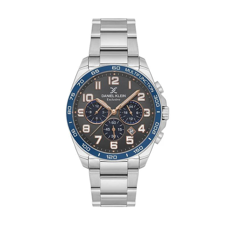 Daniel Klein Exclusive DK113842-3 multifunction quartz watch with grey dial, blue tachymeter bezel, rose gold-tone Arabic numerals, and polished stainless steel bracelet