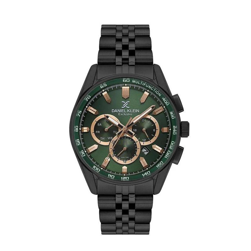 Daniel Klein Exclusive multifunction quartz watch with green sunray dial, rose gold-tone indices, black ion-plated stainless steel case and bracelet, tachymeter bezel, DK114001-4