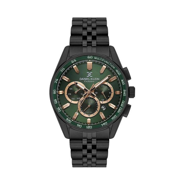 Daniel Klein Exclusive multifunction quartz watch with green sunray dial, rose gold-tone indices, black ion-plated stainless steel case and bracelet, tachymeter bezel, DK114001-4