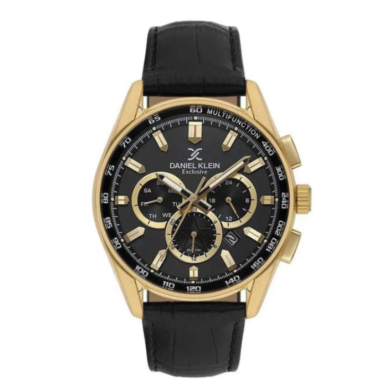Daniel Klein Exclusive DK114002-4 multifunction chronograph watch with gold-tone case, black dial with tachymeter scale, and black crocodile-embossed leather strap