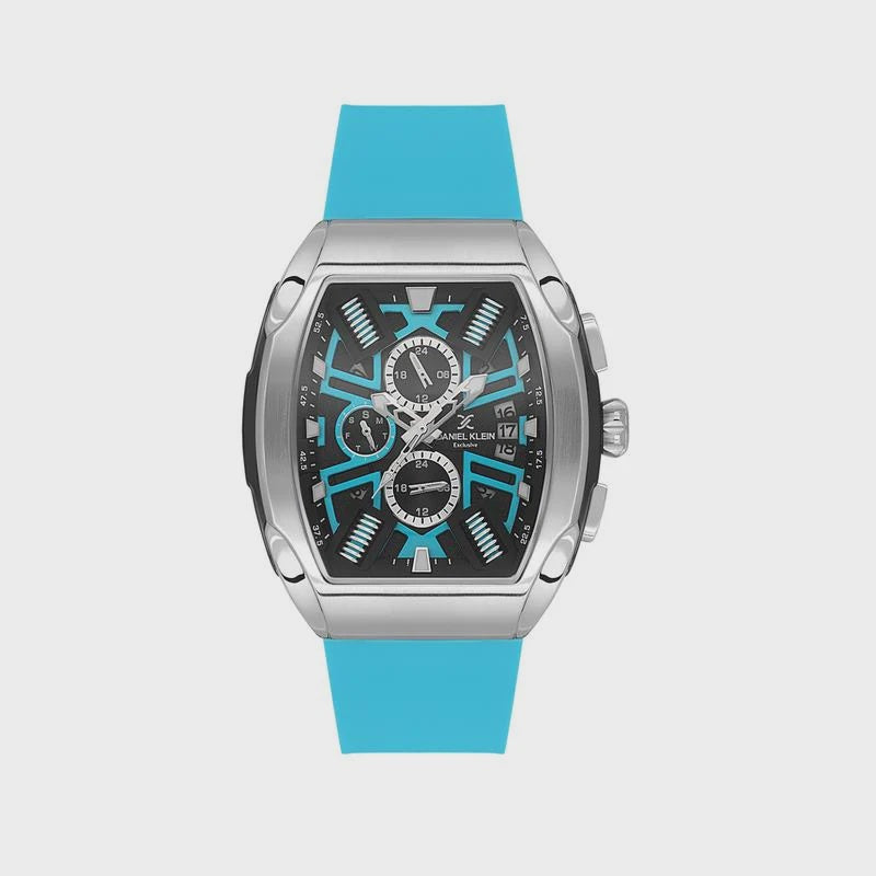 Daniel Klein DK.1.14028-4 tonneau chronograph watch with turquoise dial and stainless steel case on rubber strap