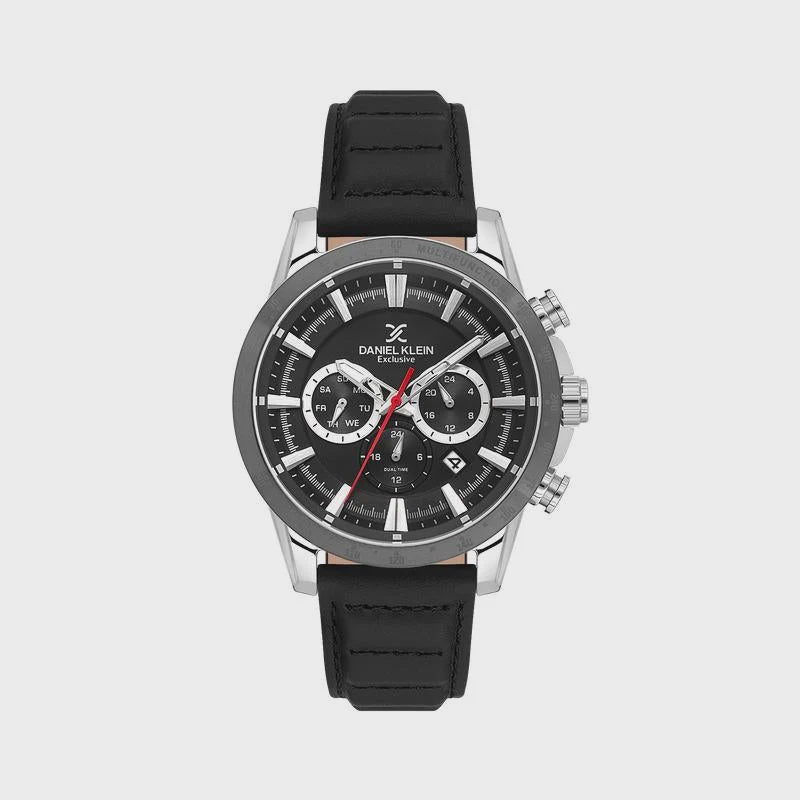 Daniel Klein Exclusive DK1.14006-1 chronograph quartz watch with 44mm stainless steel case, black multi-function dial, grey bezel, and black leather strap