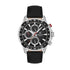 Daniel Klein DK113641-1 Exclusive multifunction quartz chronograph watch with 45mm stainless steel case, black rotating bezel, black dial with three subdials, silver hour markers, red chronograph hand, and black genuine leather strap