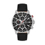 Daniel Klein DK113641-1 Exclusive multifunction quartz chronograph watch with 45mm stainless steel case, black rotating bezel, black dial with three subdials, silver hour markers, red chronograph hand, and black genuine leather strap