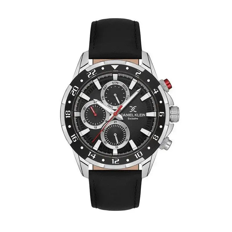Daniel Klein DK113641-1 Exclusive multifunction quartz chronograph watch with 45mm stainless steel case, black rotating bezel, black dial with three subdials, silver hour markers, red chronograph hand, and black genuine leather strap