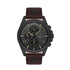 Daniel Klein Exclusive DK113640-2 men's multifunction quartz watch with 45mm black IP case, dark dial with day-date sub-dials, and brown leather strap with rivet detailing