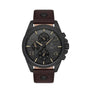 Daniel Klein Exclusive DK113640-2 men's multifunction quartz watch with 45mm black IP case, dark dial with day-date sub-dials, and brown leather strap with rivet detailing