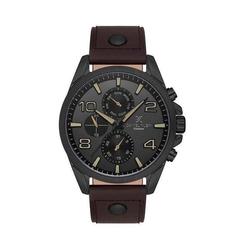Daniel Klein Exclusive DK113640-2 men's multifunction quartz watch with 45mm black IP case, dark dial with day-date sub-dials, and brown leather strap with rivet detailing