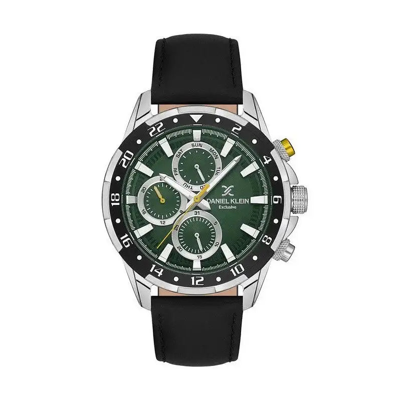 Daniel Klein DK113641-4 Exclusive men's multifunction quartz watch with green sunray dial, 45mm stainless steel case, black rotating bezel, and black leather strap