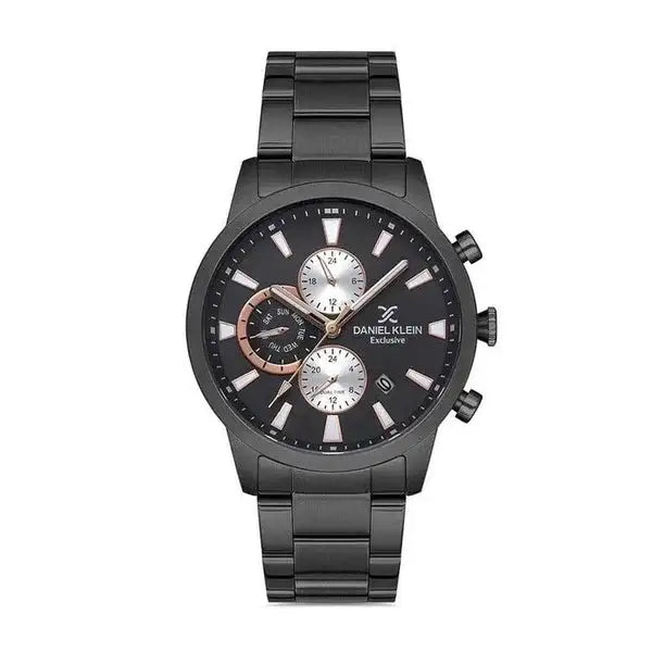 Daniel Klein Exclusive Multifunction DK112872-6 mens watch with black sunray dial, silver subdials, and gunmetal stainless steel bracelet