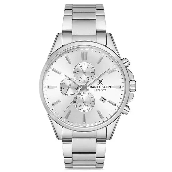 Daniel Klein Exclusive DK112984-1 men's chronograph watch with silver sunray dial, three subdials, and stainless steel bracelet