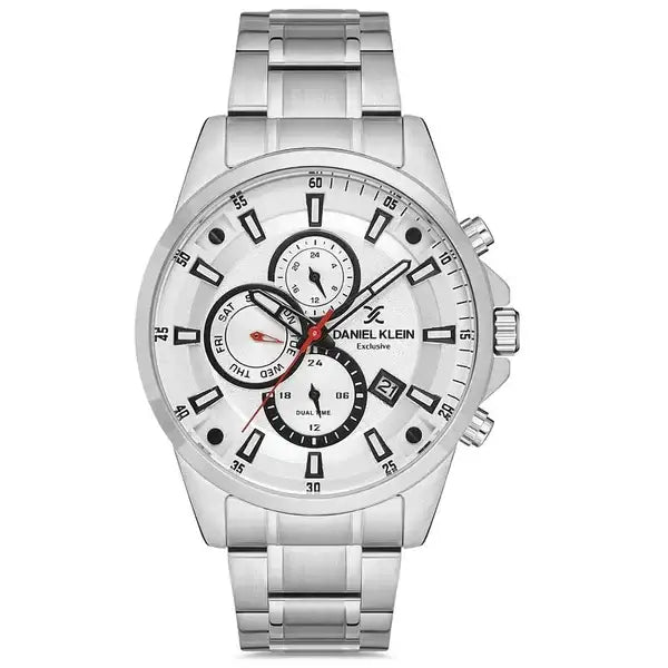 Daniel Klein Exclusive DK113003-1 men's quartz multifunction watch with white dial, three subdials, dual time display, and polished stainless steel bracelet