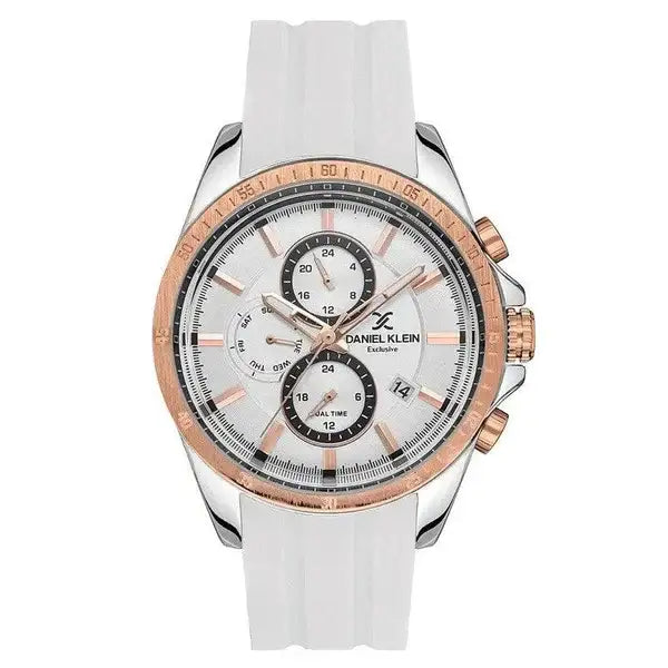 Daniel Klein Exclusive DK113533-3 multifunction chronograph watch with white dial, rose gold IP bezel, three sub-dials, and white silicone strap