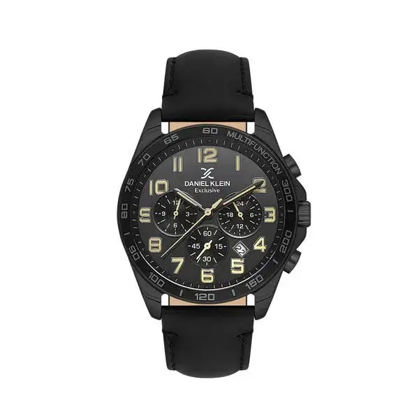 Daniel Klein Exclusive DK.1.13843-4 black dial chronograph watch with stainless steel case and leather strap