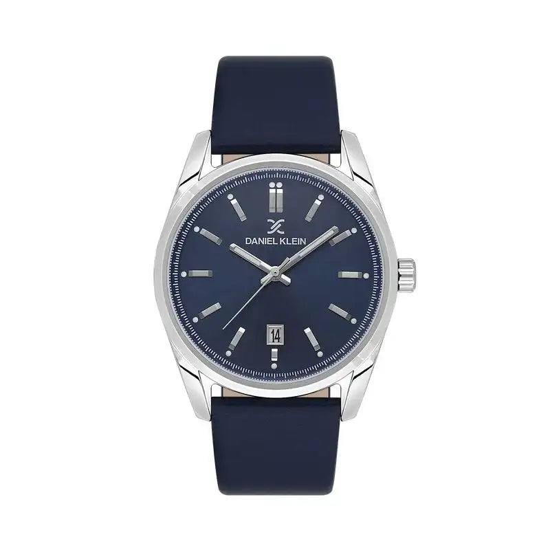 Daniel Klein DK113800-3 quartz watch with blue dial, 41mm stainless steel case, and navy leather strap with date function