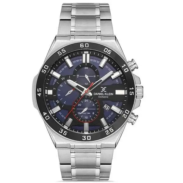 Daniel Klein Exclusive DK113169-1 men's chronograph watch with blue dial, black tachymeter bezel, and stainless steel bracelet
