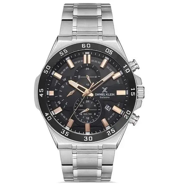 Daniel Klein Exclusive DK113169-4 men's quartz watch with black dial, rose gold accents, tachymeter bezel, and stainless steel bracelet