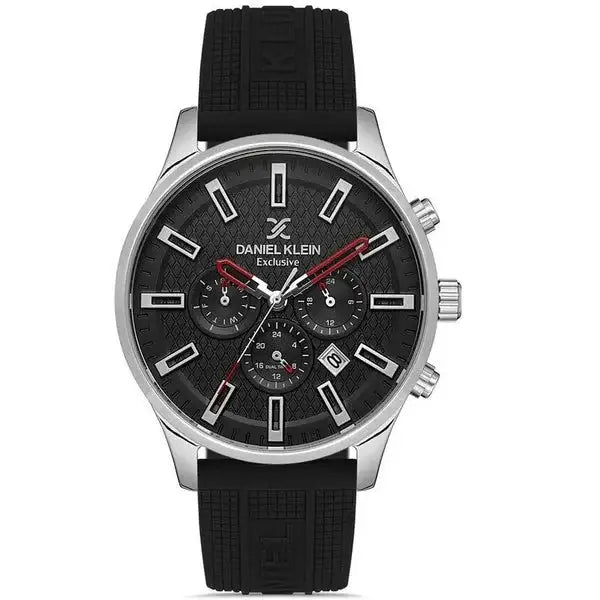 Daniel Klein Exclusive DK113171-1 men's quartz chronograph watch with black textured dial, red hands, and black silicone strap