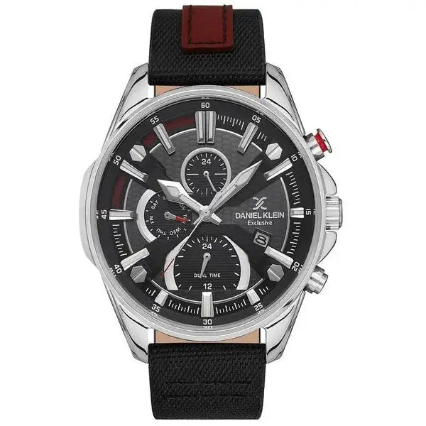 Daniel Klein Exclusive DK.1.13386-1 men's dual time watch with black textured dial, silver-tone stainless steel case, and black fabric strap with burgundy accent