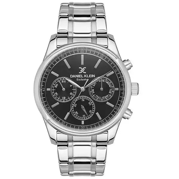 Daniel Klein Exclusive DK113549-3 men's multifunction watch with black dial and stainless steel bracelet