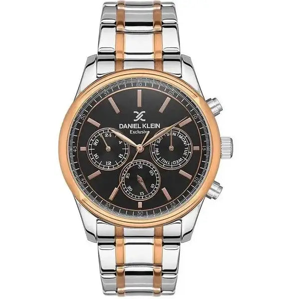 Daniel Klein Exclusive DK.1.13549-4 men's multifunction watch with gun black dial, two-tone stainless steel and rose gold bracelet, 43mm case
