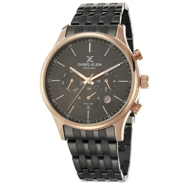 Daniel Klein Exclusive DK112459-5 men's multifunction watch with grey sunray dial, IP rose gold case and IP black stainless steel bracelet