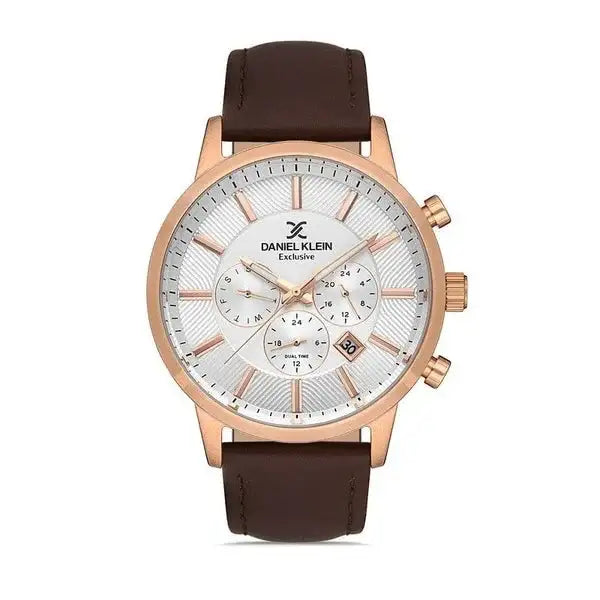 Daniel Klein Exclusive DK113114-3 chronograph watch with white guilloche dial, rose gold-tone case, and brown leather strap