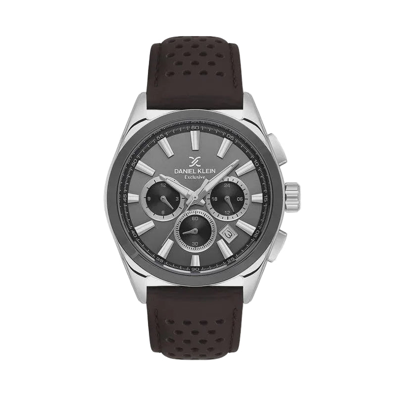Daniel Klein Exclusive DK.1.13809-5 quartz chronograph watch with grey dial, stainless steel case, and brown perforated leather strap