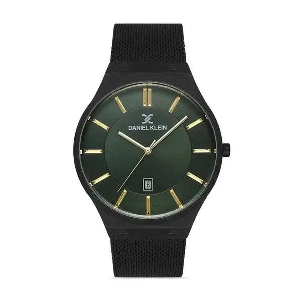 Daniel Klein Premium DK112919-6 men's quartz watch with green dial, gold-tone indices, and black IP mesh bracelet
