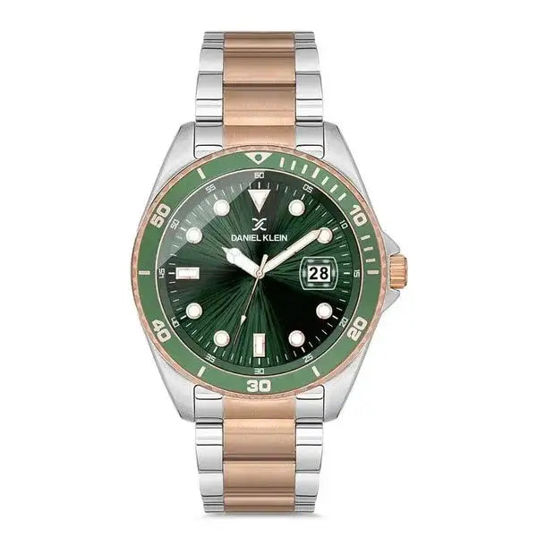 Daniel Klein Premium DK112664-5 men's watch with green sunburst dial, rose gold rotating bezel, and two-tone stainless steel bracelet