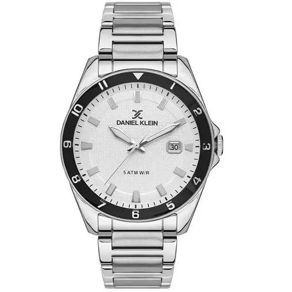Daniel Klein Premium DK113534-1 men's quartz watch with white textured dial, black bezel, and stainless steel bracelet