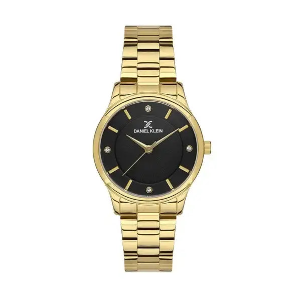 Daniel Klein Premium DK113455-3 gold-tone stainless steel quartz watch with black sunray dial and crystal markers