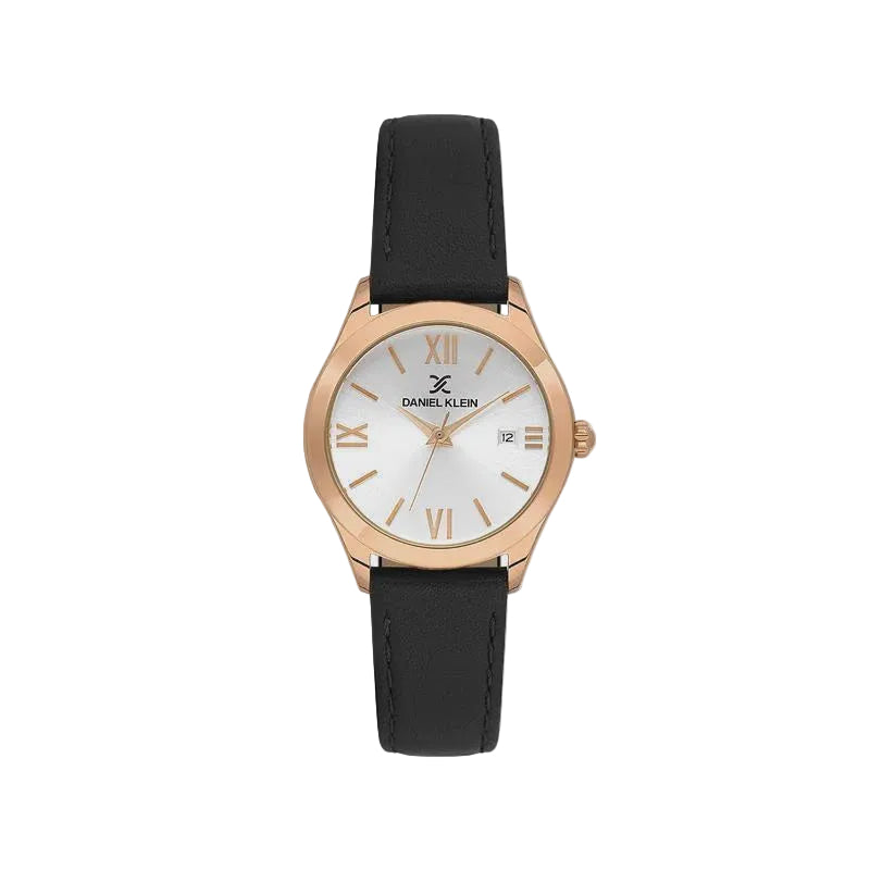 Daniel Klein DK113921-5 ladies quartz watch with rose gold-tone stainless steel case, white dial with Roman numerals, date display, and black leather strap