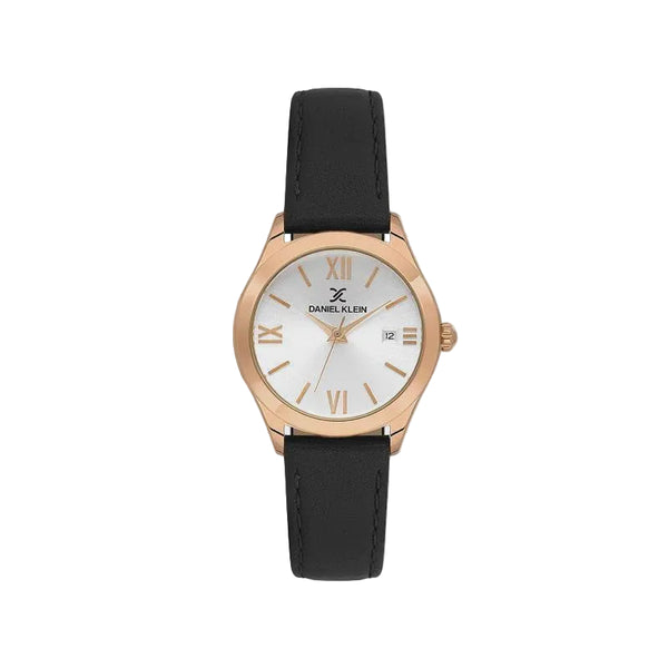 Daniel Klein DK113921-5 ladies quartz watch with rose gold-tone stainless steel case, white dial with Roman numerals, date display, and black leather strap