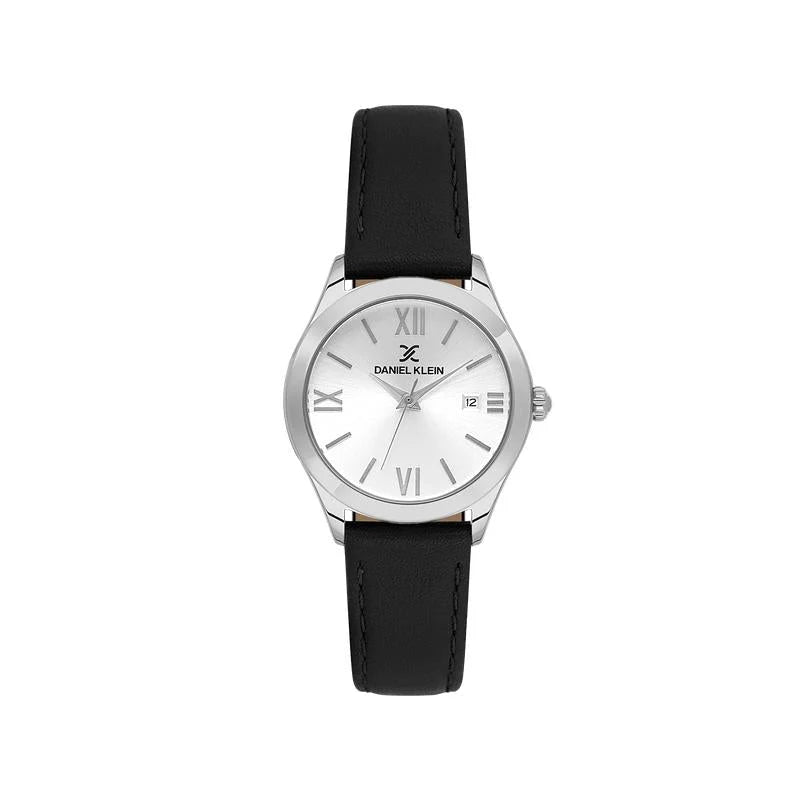 Daniel Klein DK113921-1 women's quartz watch with silver dial, Roman numeral hour markers, date window, and black leather strap