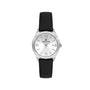 Daniel Klein DK113921-1 women's quartz watch with silver dial, Roman numeral hour markers, date window, and black leather strap