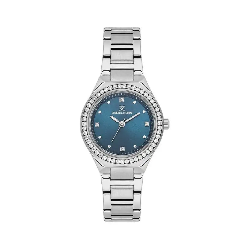 Daniel Klein DK113765-2 women's quartz watch with blue sunray dial, crystal-set bezel, and stainless steel bracelet