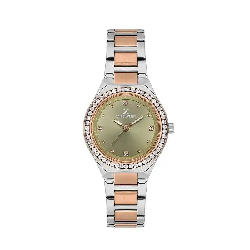 Daniel Klein Premium DK113765-5 ladies quartz watch with green sunray dial, crystal-set bezel, and two-tone rose gold stainless steel bracelet